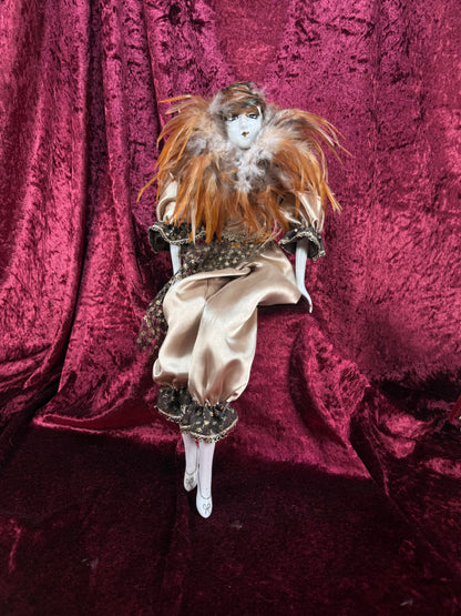 Vintage Porcelain Pierrot Doll – Feathered Collar Seated Harlequin Figure