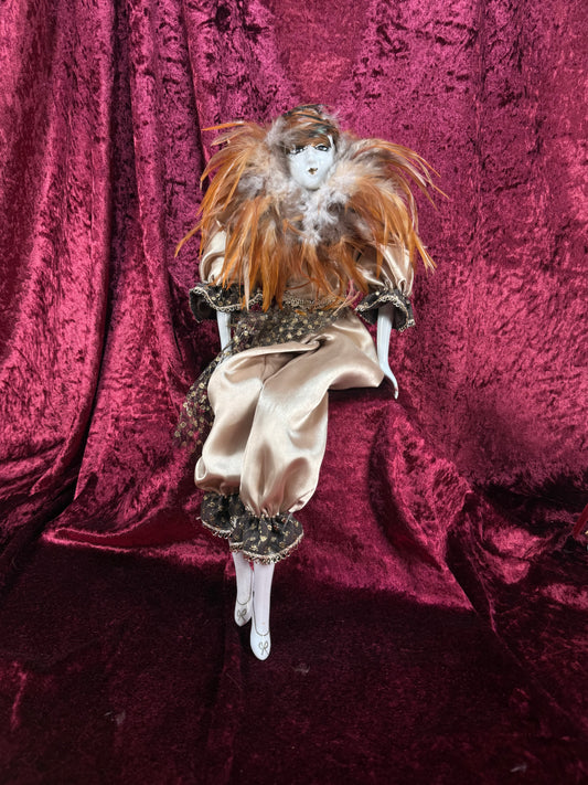 Vintage Porcelain Pierrot Doll – Feathered Collar Seated Harlequin Figure