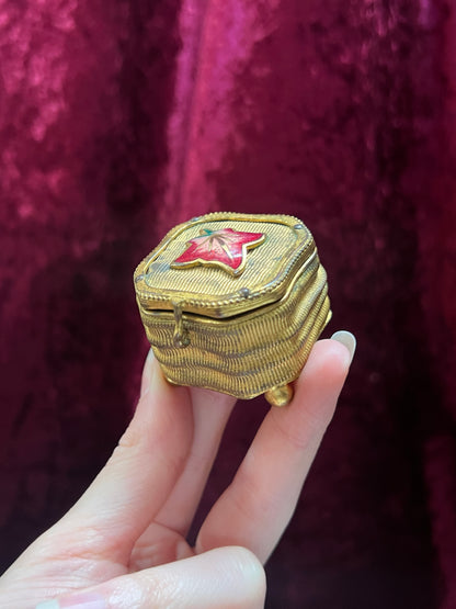 Vintage Trinket Box - Footed Ring Box - Red Leaf Lid - Brass Curved Design