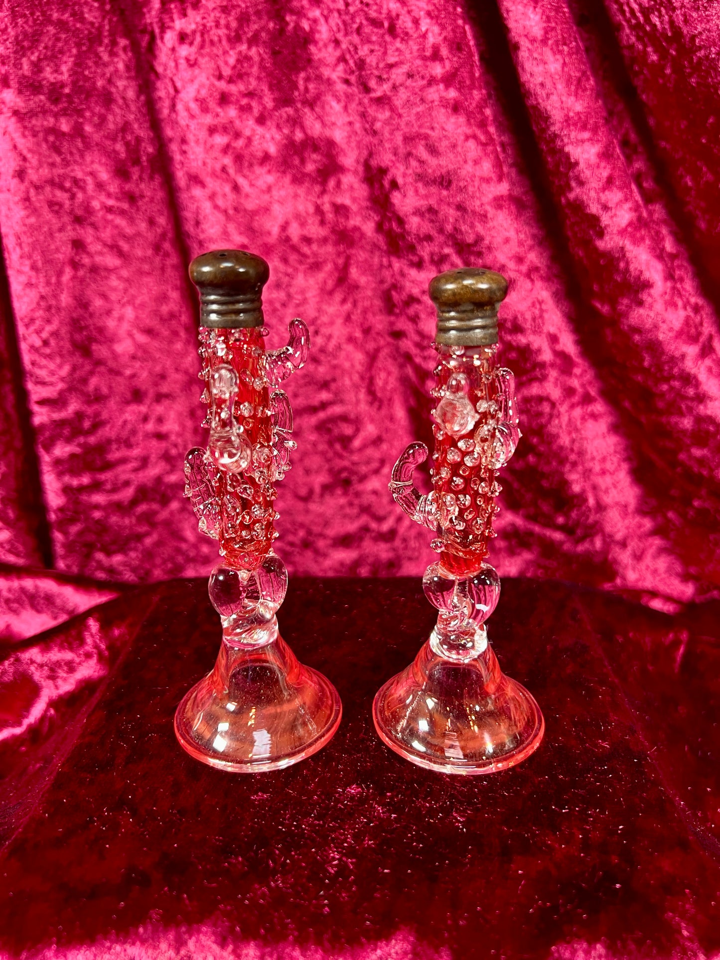 Vintage Kitchen - Salt and Pepper Shaker Set - Handblown Glass - Red Hobnail Cactus