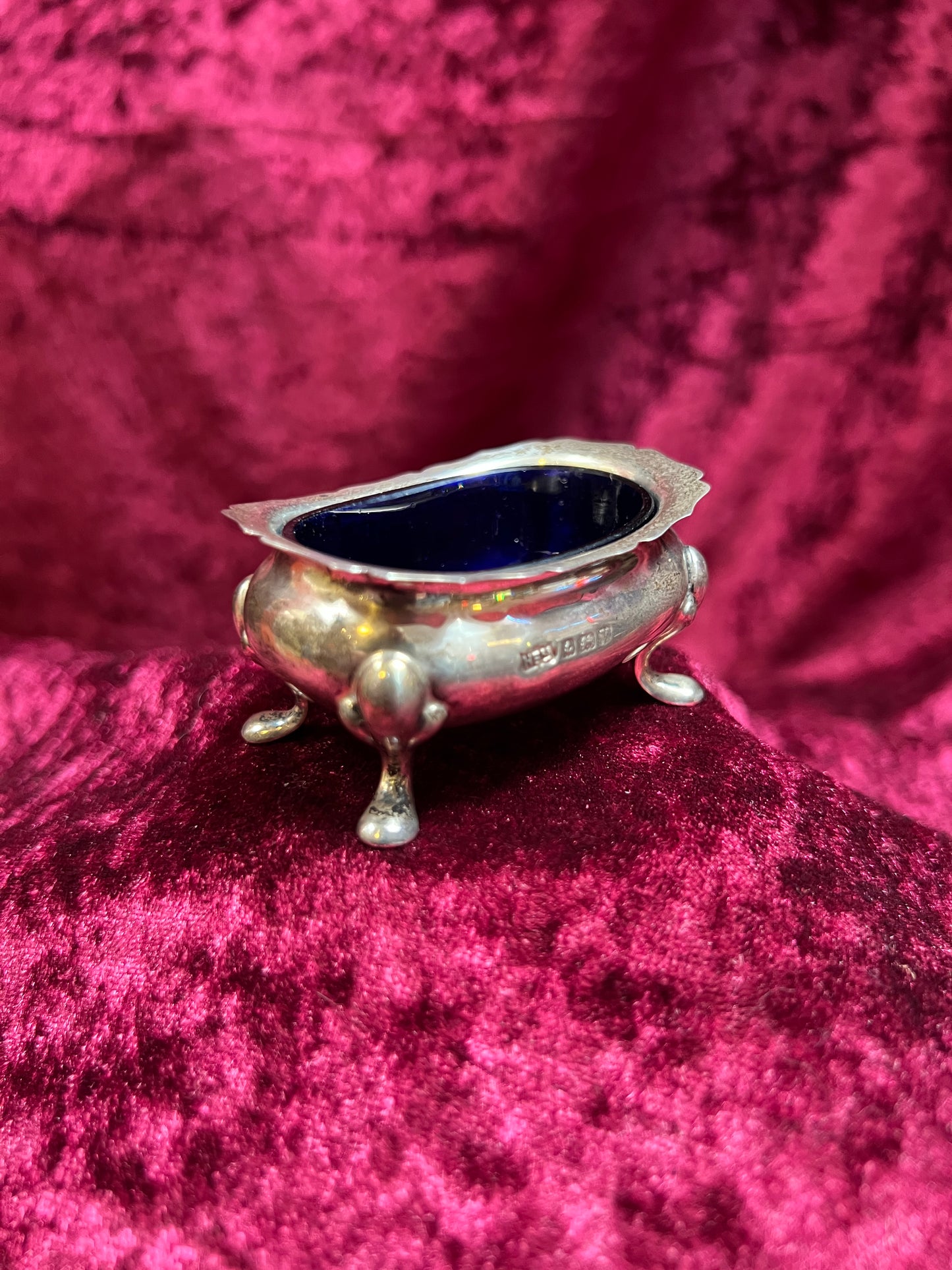 Vintage Kitchen - Footed Salt Cellar with Cobalt Blue Glass Insert - Sterling Silver - Hardy Bros - England