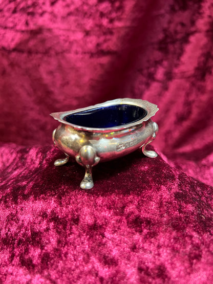 Vintage Kitchen - Footed Salt Cellar with Cobalt Blue Glass Insert - Sterling Silver - Hardy Bros - England