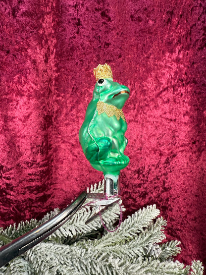 Vintage Christmas - Clip On Ornament - Hand Blown Glass -  3" Prince Frog