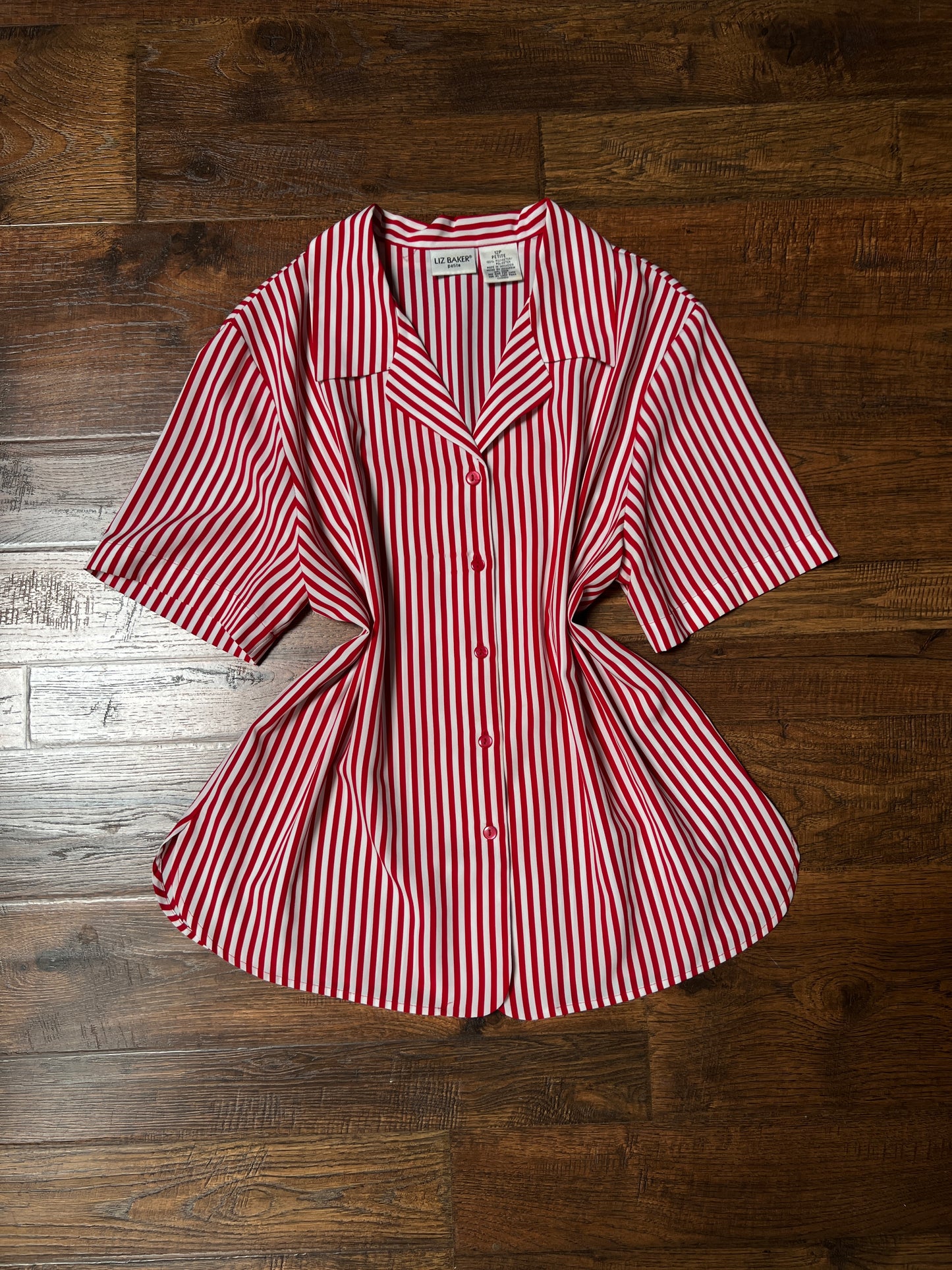 Vintage Liz Baker Petite Polyester Blouse – Red & White Striped Button Up – Large