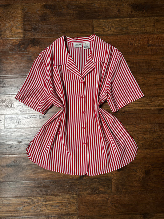 Vintage Liz Baker Petite Polyester Blouse – Red & White Striped Button Up – Large