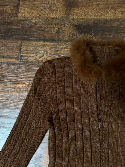 Vintage Inca Fashions Knit Sweater — Baby Alpaca Fur Collar Zip Front - Size Small