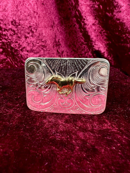 Vintage Nickel Silver Western Belt Buckle Pair - Bucking Bronco and Mustang Engraved