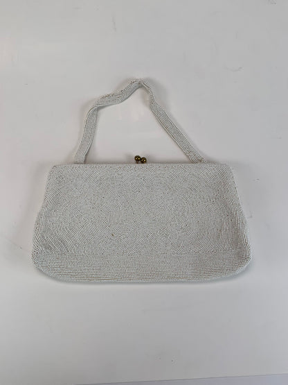 Vintage Purse - White Beaded Evening Bag with Hinge Closure - Frances Hirsch - Made In Belgium