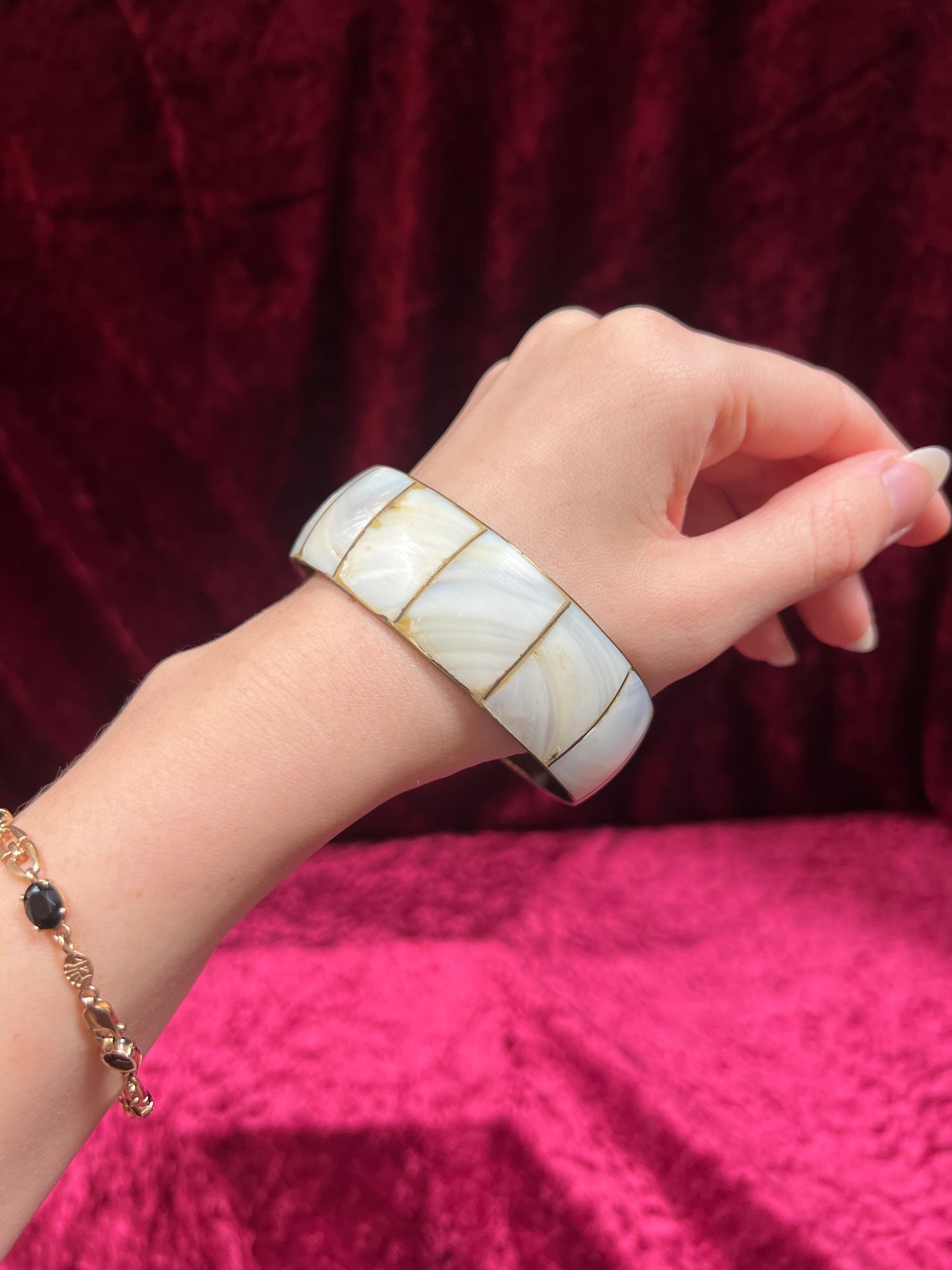 Vintage Jewelry - Chunky Bangle Bracelet - Brass and Mother Of Pearl - Made In India