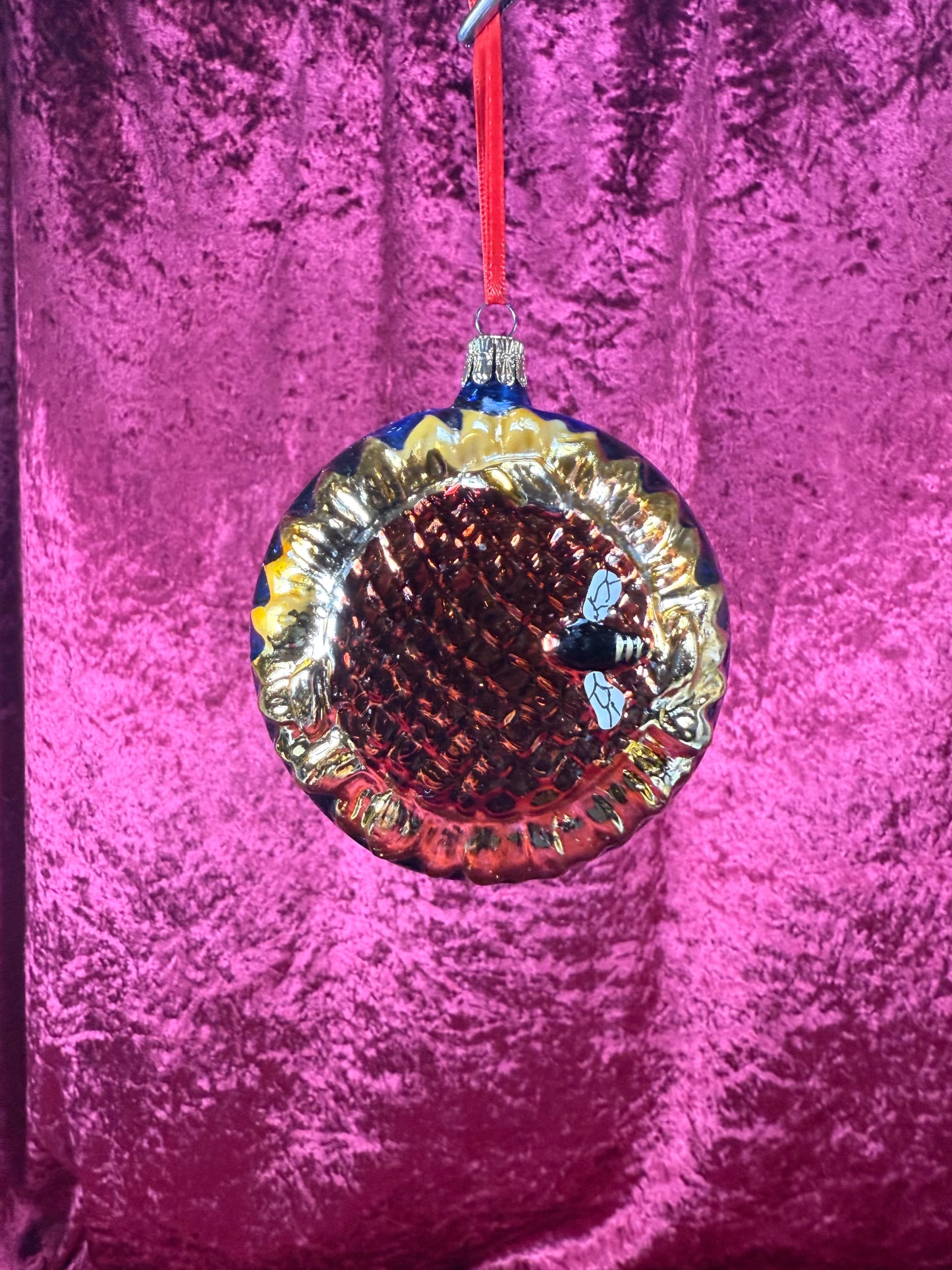 Vintage Christmas - Handblown Glass Ornament - Bumble Bee on Sunflower - Czech Republic