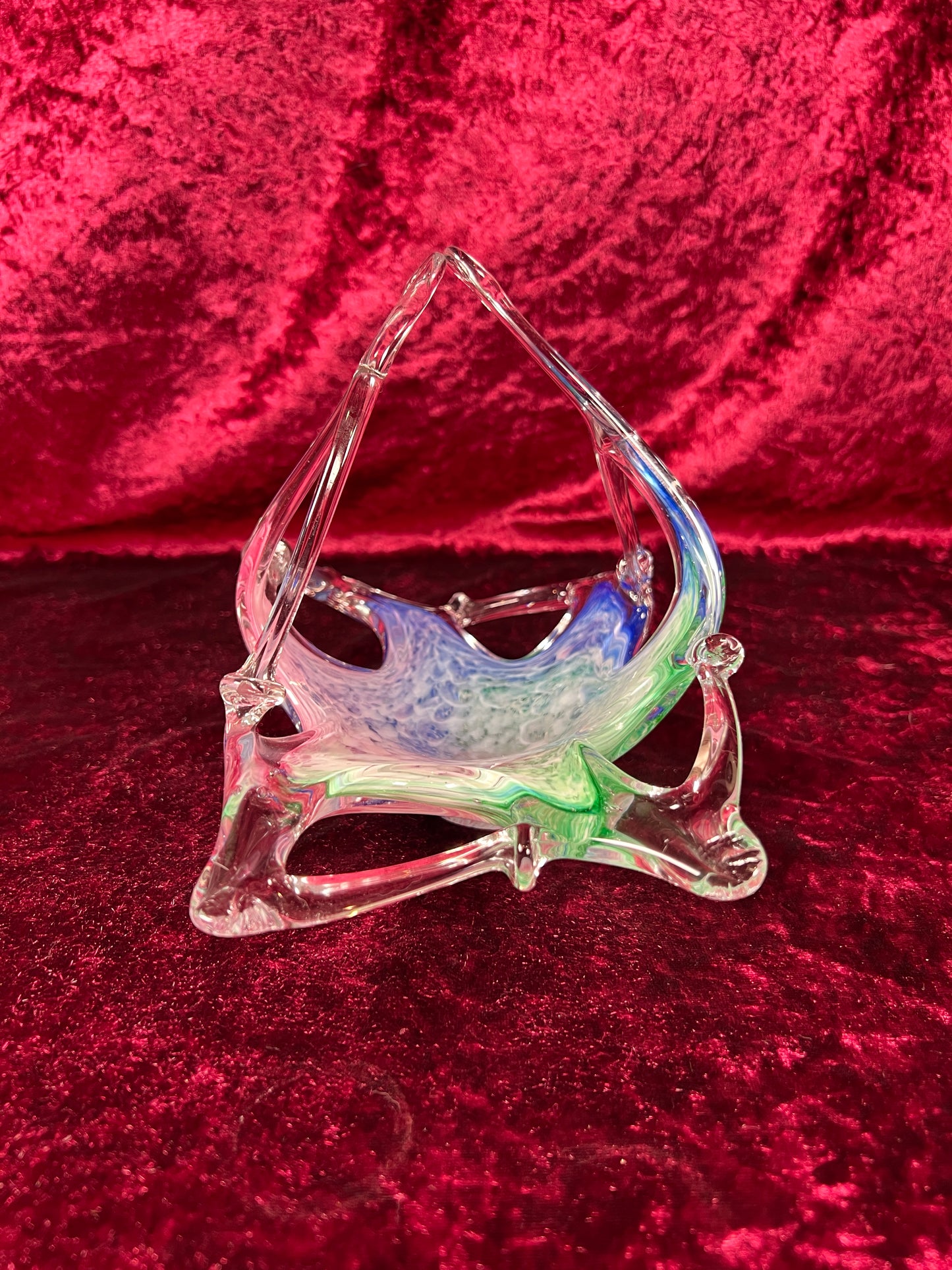 Vintage Art Glass - Glass Basket Candy Bowl - Blue, Green, and Pink - Murano