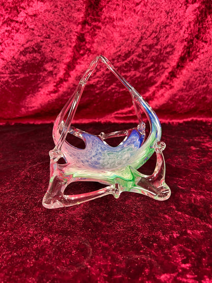 Vintage Art Glass - Glass Basket Candy Bowl - Blue, Green, and Pink - Murano