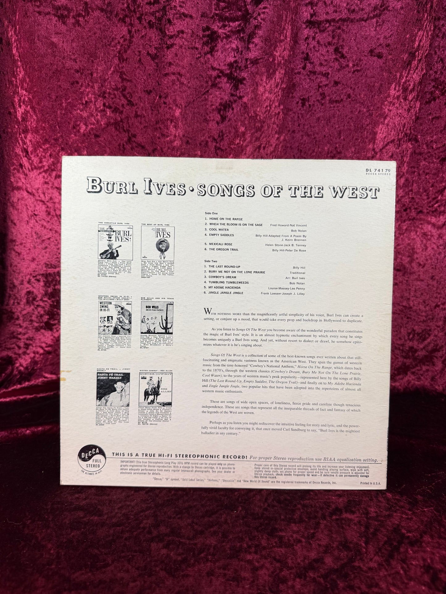 Vintage 12" Vinyl Record - Burl Ives - Songs Of The West - Decca Records