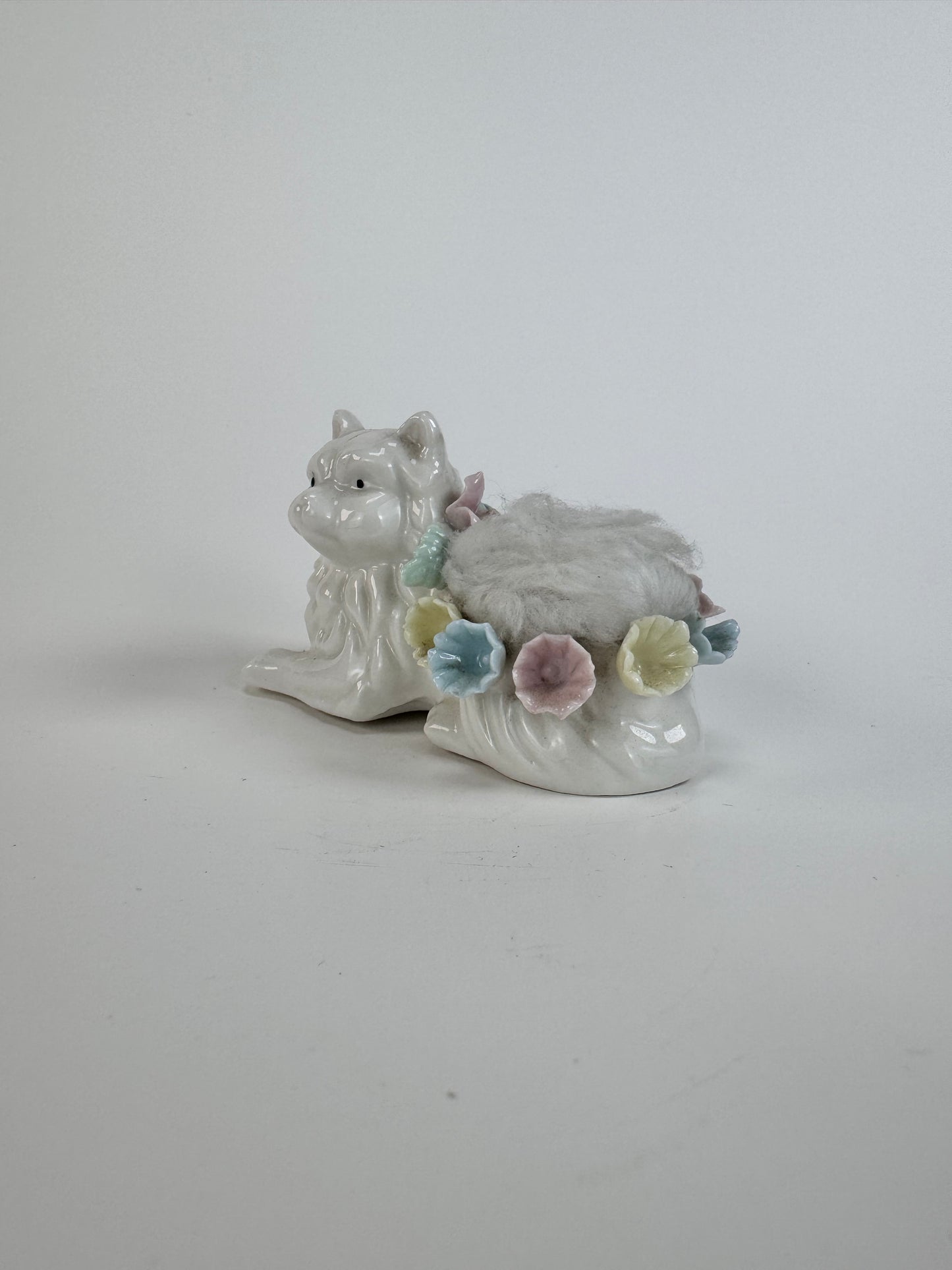 Vintage White Cat Porcelain Pin Cushion - Blue Yellow Pink Flowers