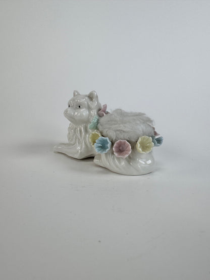 Vintage White Cat Porcelain Pin Cushion - Blue Yellow Pink Flowers