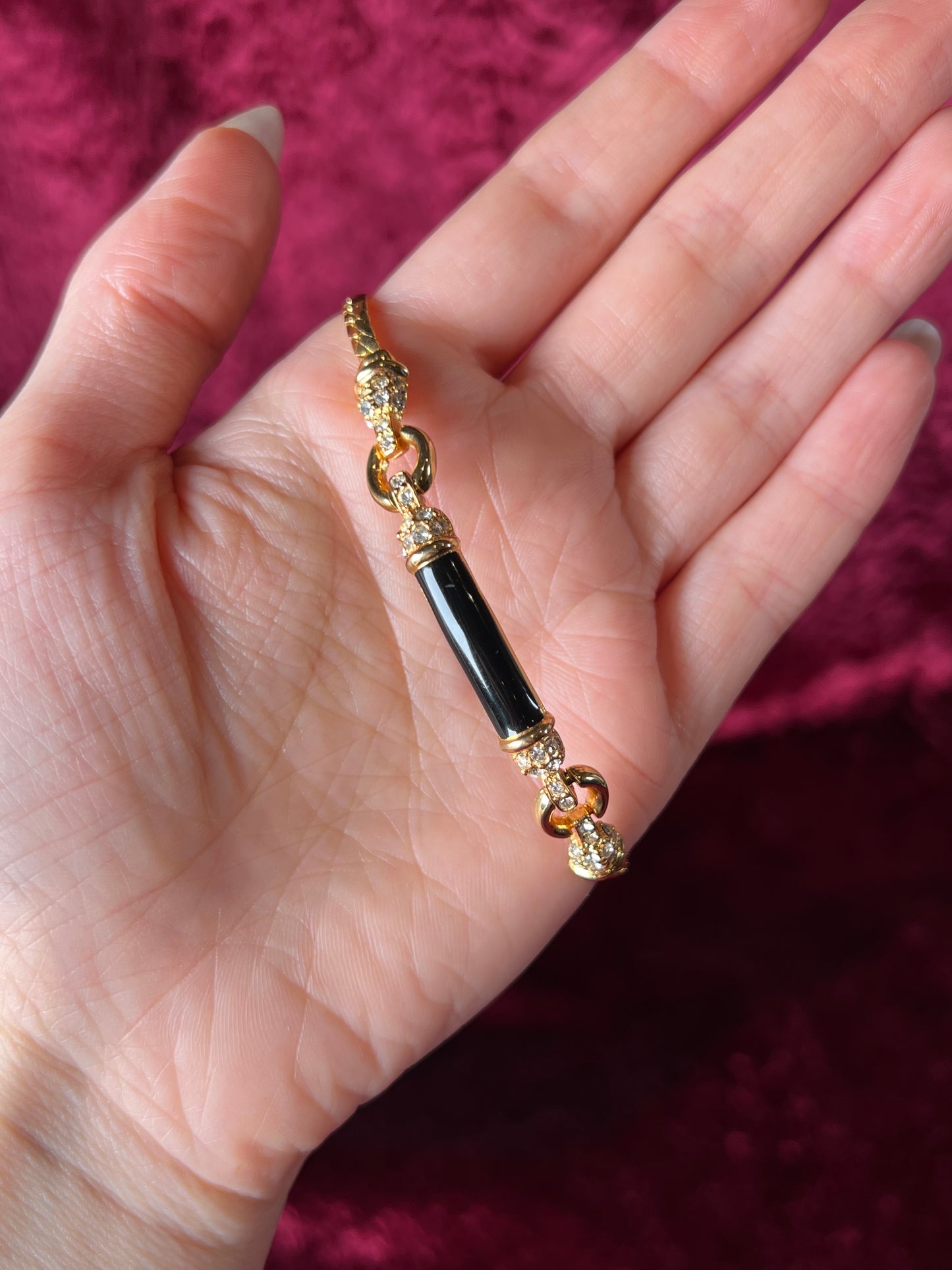 Vintage Jewelry - Bracelet - Gold Tone - Black Enamel Center with Clear Rhinestones - 7.75"