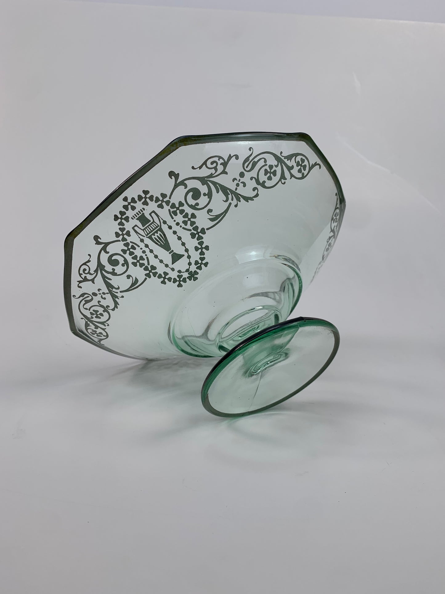 Vintage Pedestal Candy Dish - Green Glass with Sterling Silver Overlay - Ornate Grecian Urns