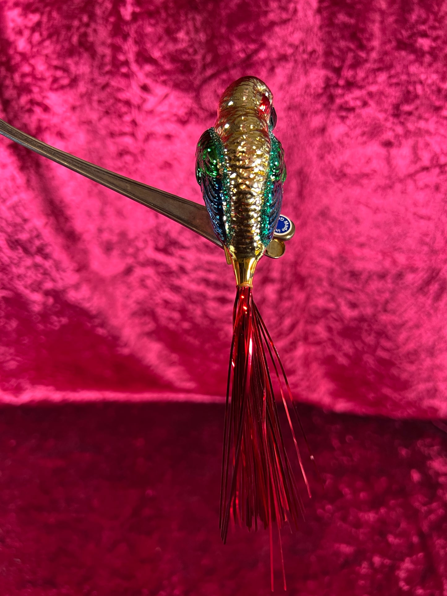 Vintage Christmas - Glass Clip-On Ornament - Rainbow Macaw Parrot with Tinsel Tail - Made In Germany