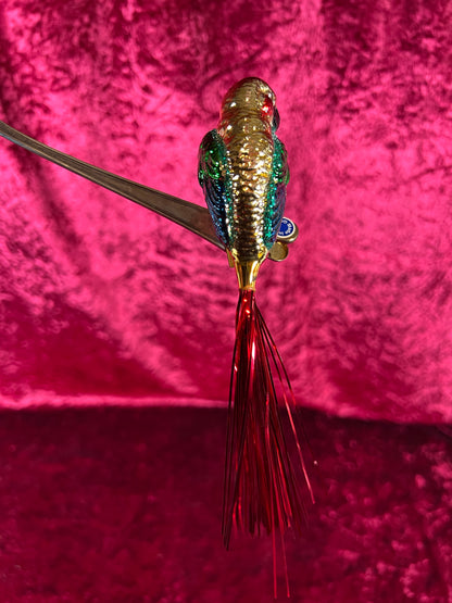 Vintage Christmas - Glass Clip-On Ornament - Rainbow Macaw Parrot with Tinsel Tail - Made In Germany