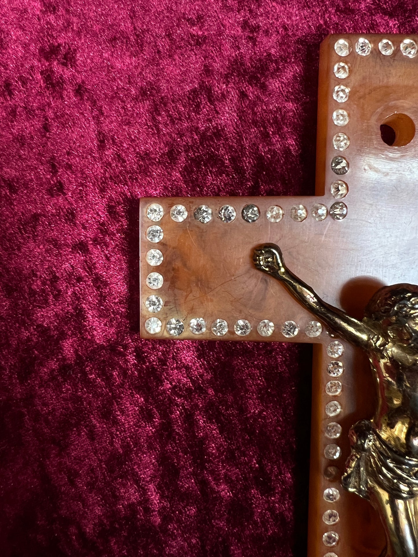 Vintage Bakelite Crucifix Cross - Butterscotch Swirl Rhinestone Religious Wall Hanging