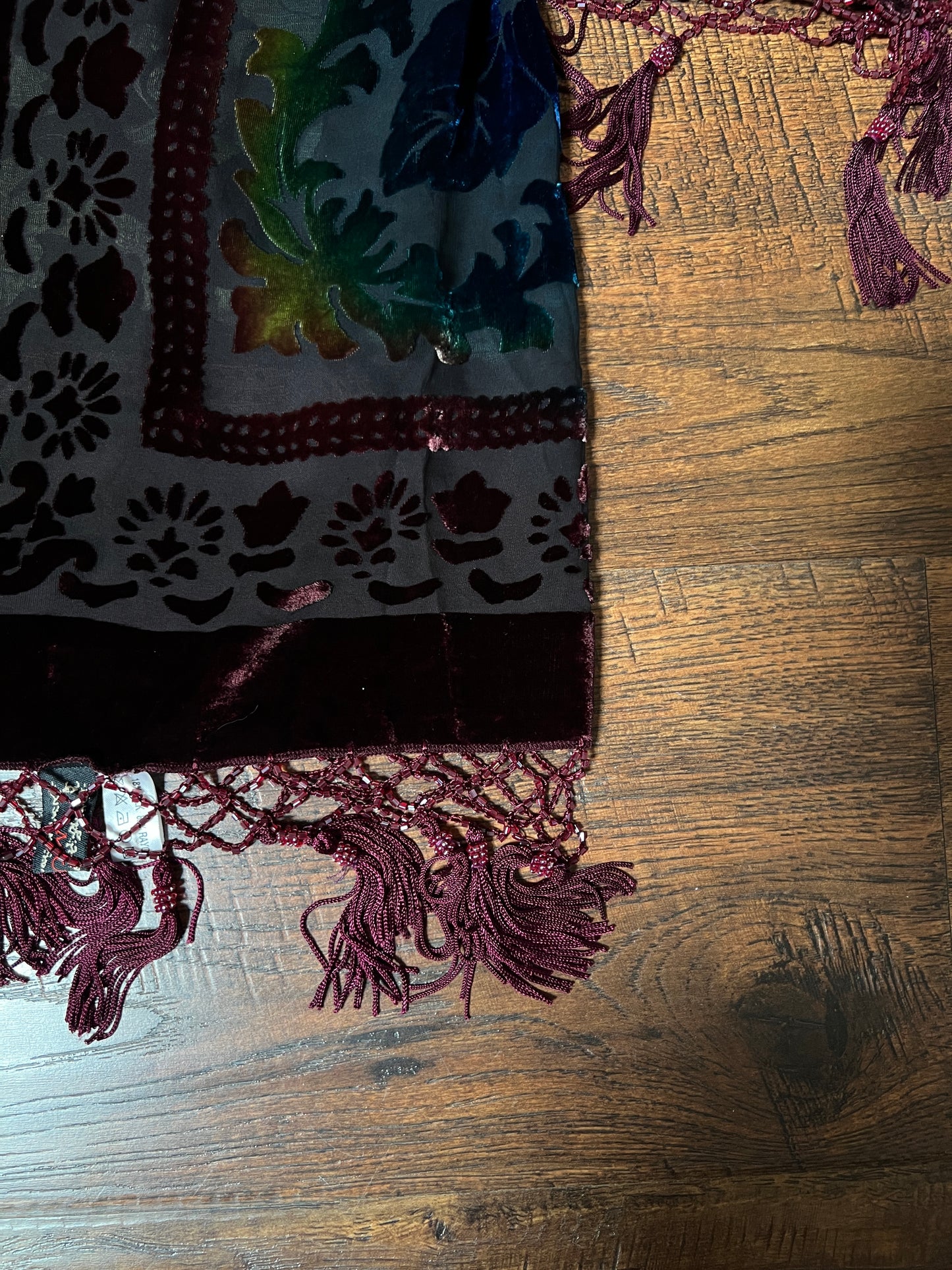 Vintage Velvet Burnout Shawl - Jewel Tone Floral Beaded Fringe Wrap - Size Small