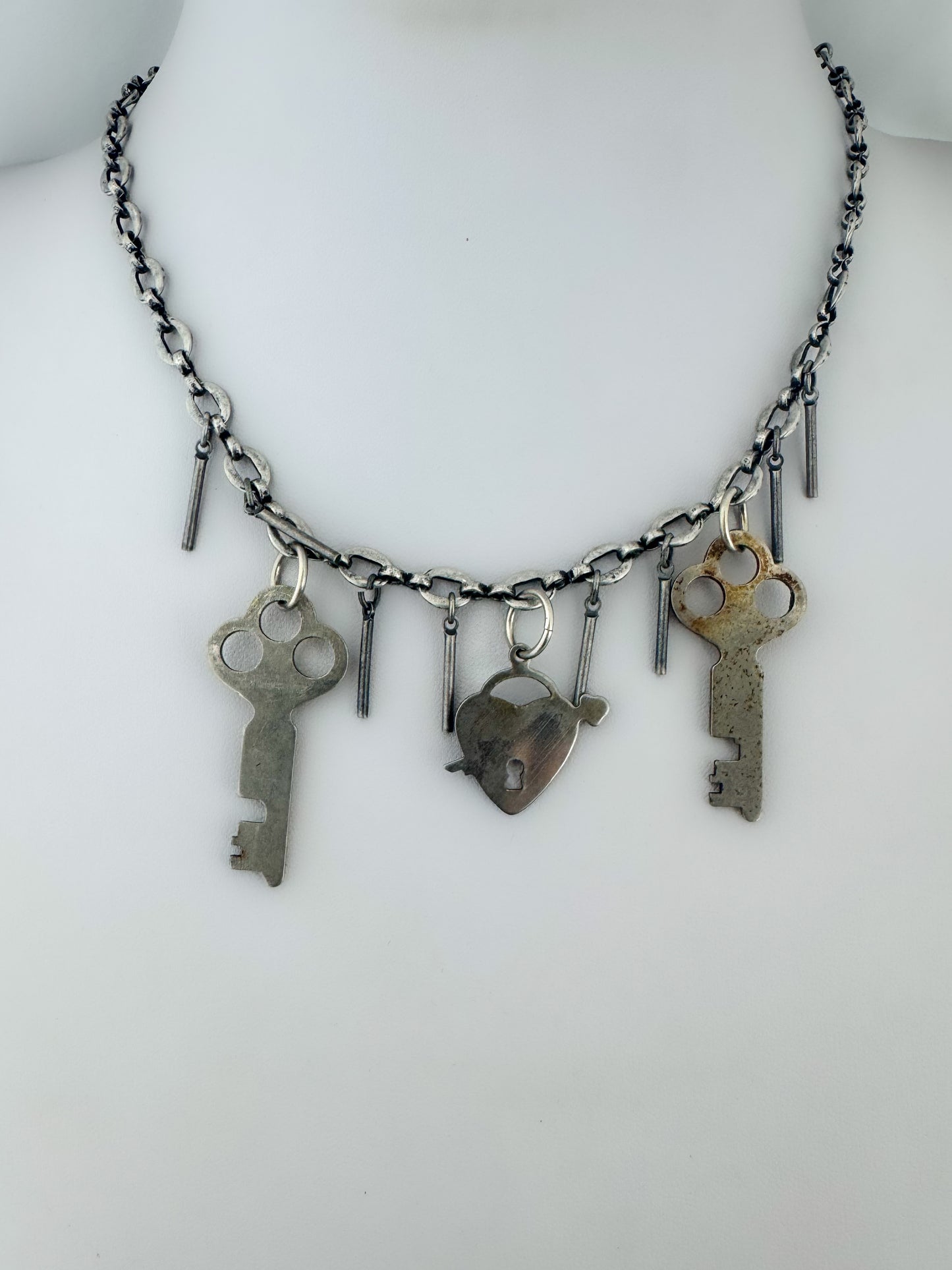 Skeleton Key Maximalist Necklace - Vintage Old Stock and Antique Materials - Collar Length 16" Silvertone Chain