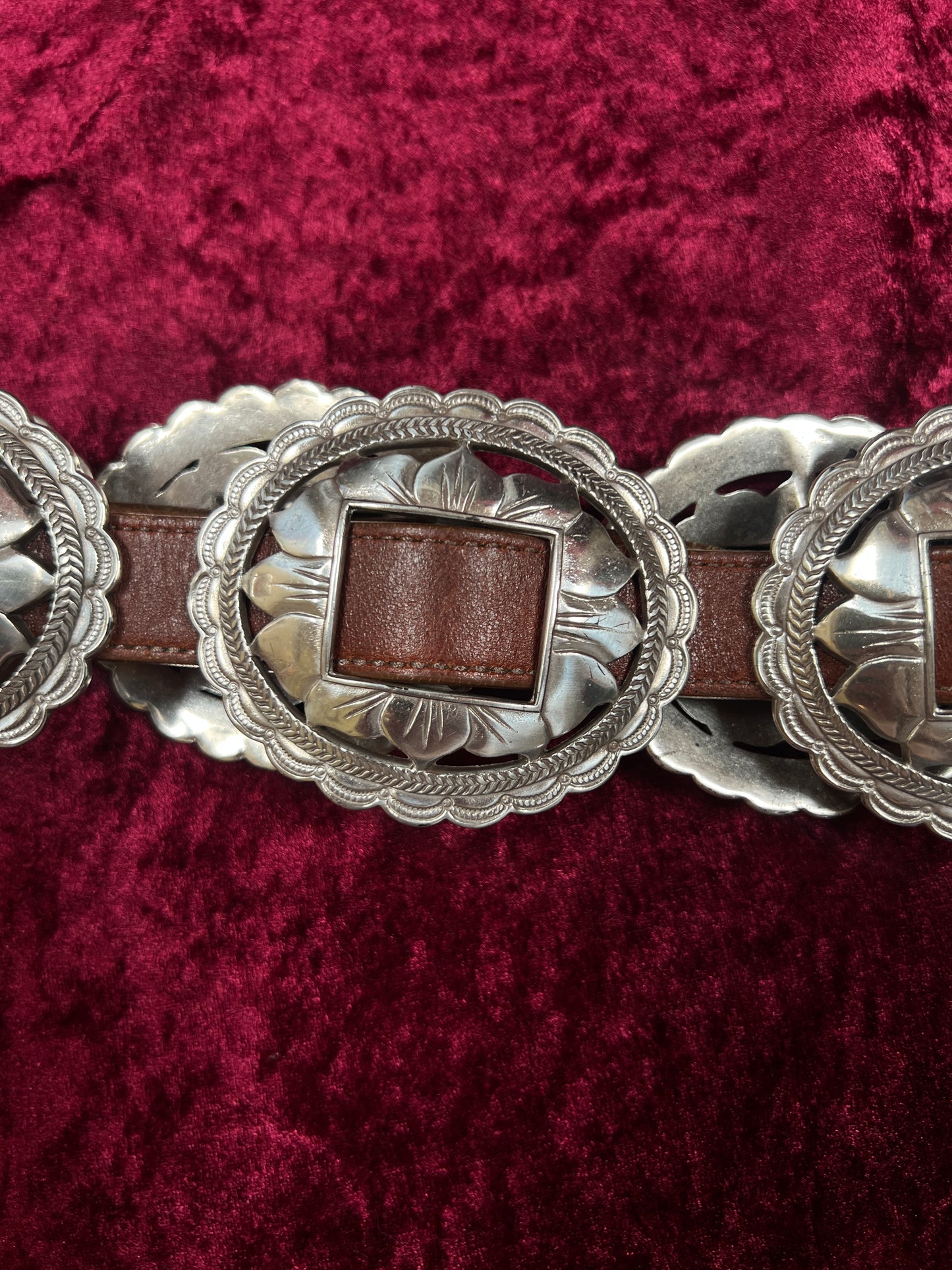 Vintage Brighton Leather Concho Belt - Silver Sunflower Western Belt USA Made - 29.5-33.5"