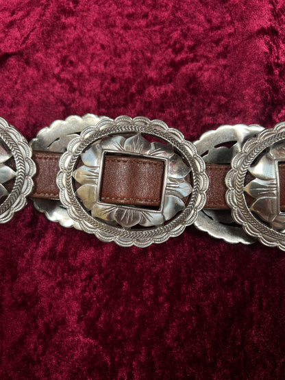 Vintage Brighton Leather Concho Belt - Silver Sunflower Western Belt USA Made - 29.5-33.5"