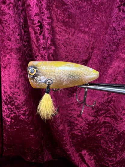Vintage Plastic Fishing Lure -  Yellow Plug Crankbait with Hook Skirts