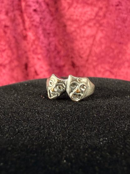 Vintage Silver Tone Novelty Ring – Comedy & Tragedy Masks - Size 4.5