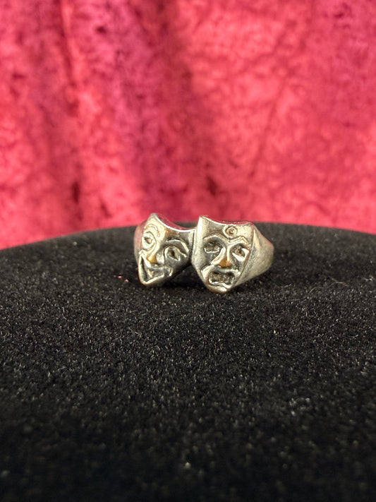Vintage Silver Tone Novelty Ring – Comedy & Tragedy Masks - Size 4.5