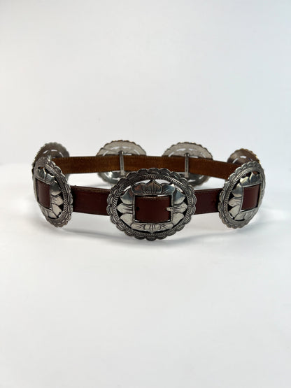 Vintage Belt - Brown Leather - Large Sunflower Concho Medallions - Brighton - 30" - Made In U.S.A.