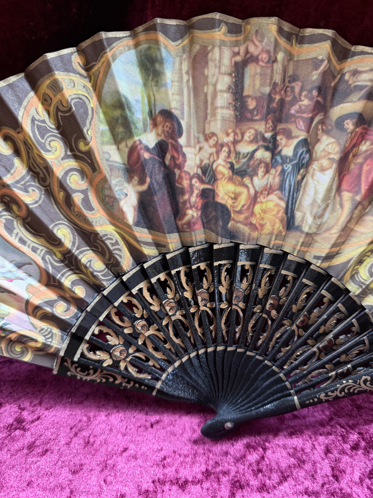 Vintage Mid Century Painted Wood Folding Fan – Double-Sided European Court Scenes