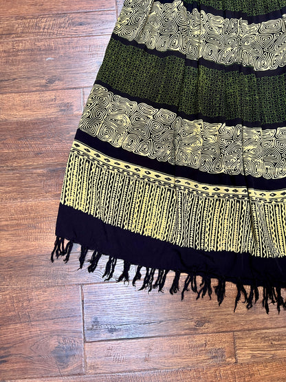 Vintage Gauzy Cotton Blend Full Length Skirt – Tiki Style Pattern with Fringe Hem - Ruby's Moods