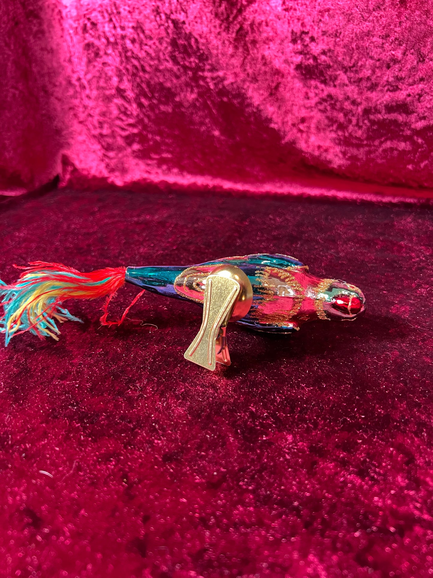 Vintage Christmas - Glass Clip-On Ornament - Teal Blue Parrot with Feather Tail