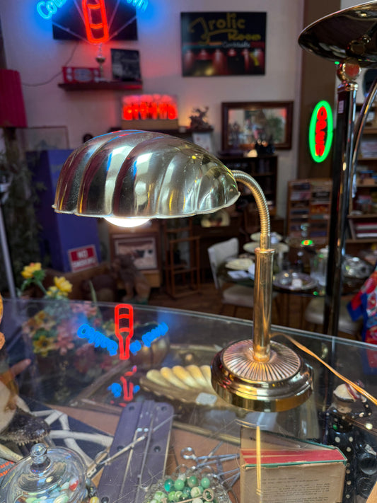 Vintage Lighting - Tabletop Lamp - Gooseneck Clamshell Brass Shade