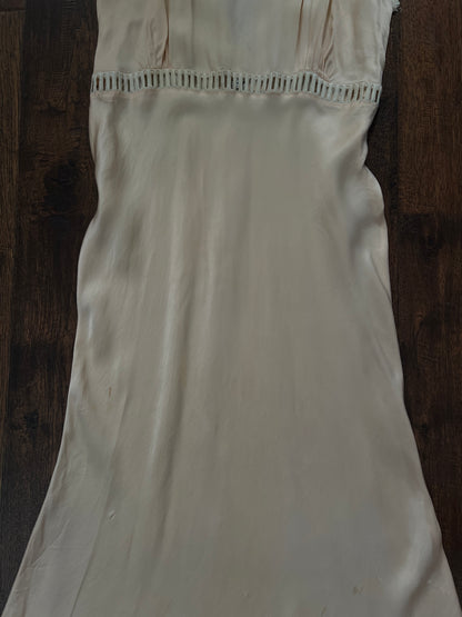 Vintage 1940s Slip Dress Nightgown - Baby Pink Satin Bias Cut with Lace Trim - Small