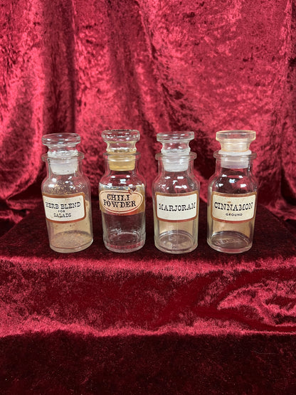 Vintage Glass Apothecary Style Spice Jar Set with Original Labels - Kitchen Collection Set