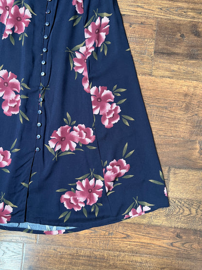Vintage Clothing - Button Front Maxi Skirt - Purple Florals on Navy Blue - Medium - Sag Harbor