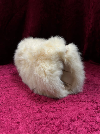 Vintage Real Rabbit Fur Hand Muff - Ivory Plush Hand Warmer with Shoulder Strap