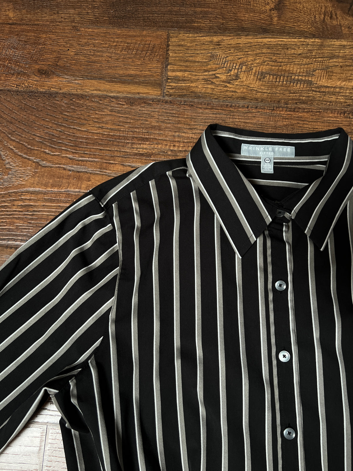 Vintage Foxcroft Fitted Blouse - Black Grey Striped Pleated Waist - Size Large
