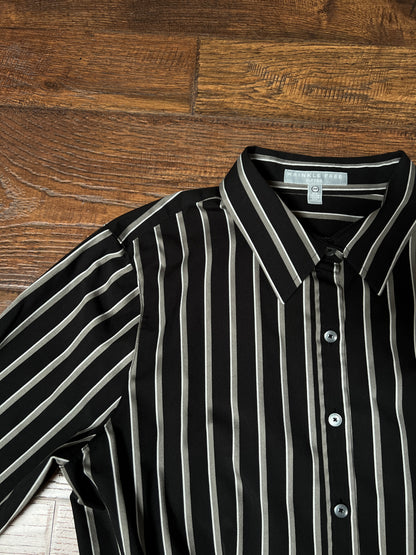 Vintage Foxcroft Fitted Blouse - Black Grey Striped Pleated Waist - Size Large