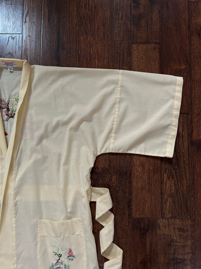 Vintage Jodie Arden Kimono Robe – Pale Yellow Embroidered Asian Garden Motif