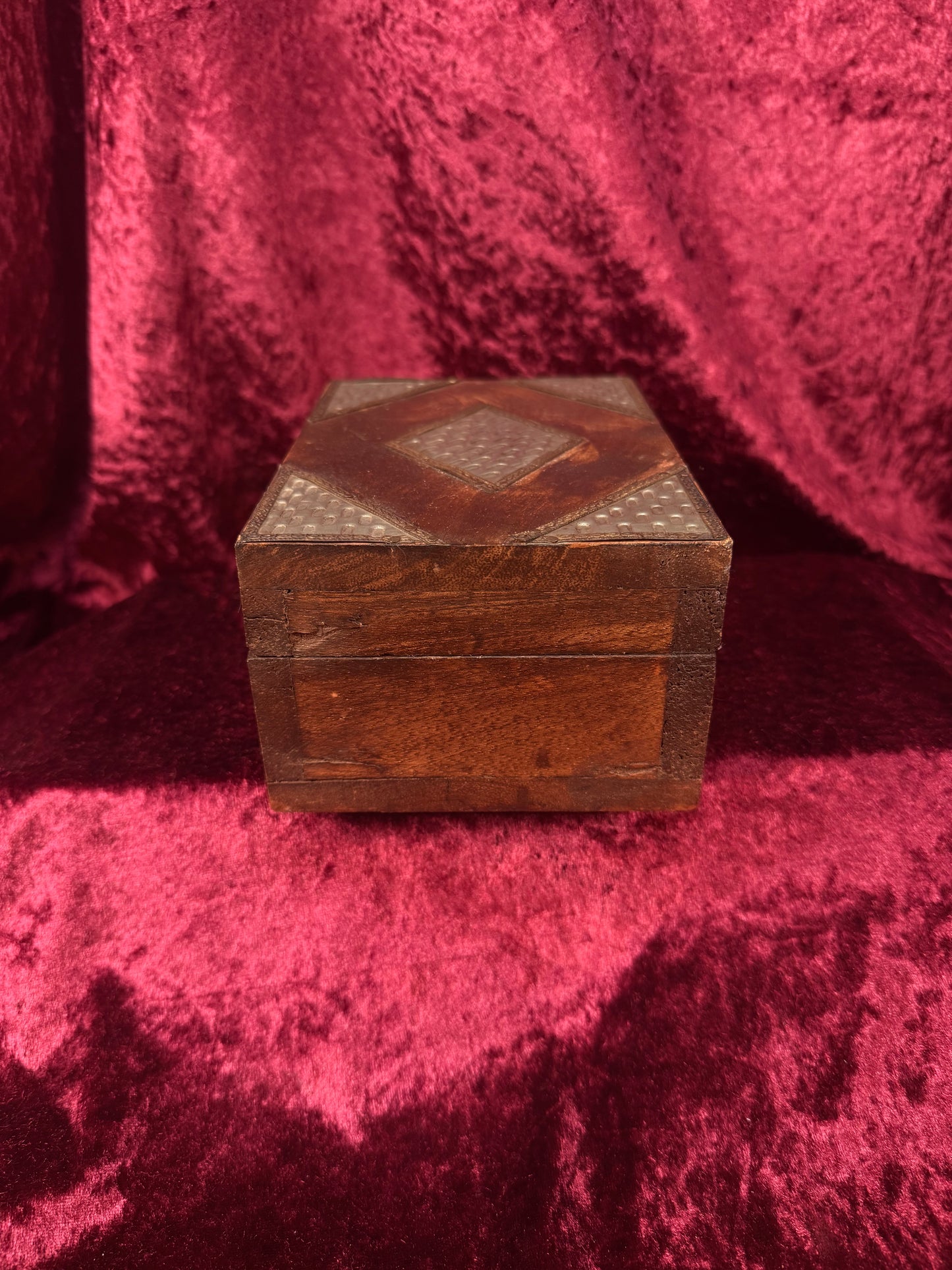 Vintage Dark Wood Trinket Storage Box – Geometric Metal Inlay - Lockable Lid