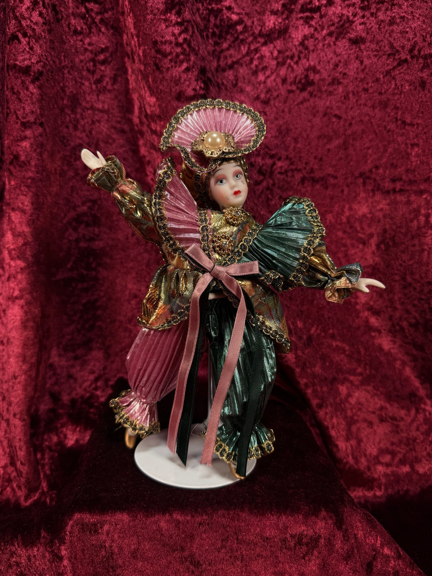 Vintage Porcelain Jester Doll – Metallic Pleated Costume Renaissance Figure - Pink Teal and Gold