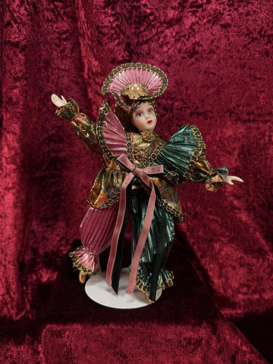 Vintage Porcelain Jester Doll – Metallic Pleated Costume Renaissance Figure - Pink Teal and Gold