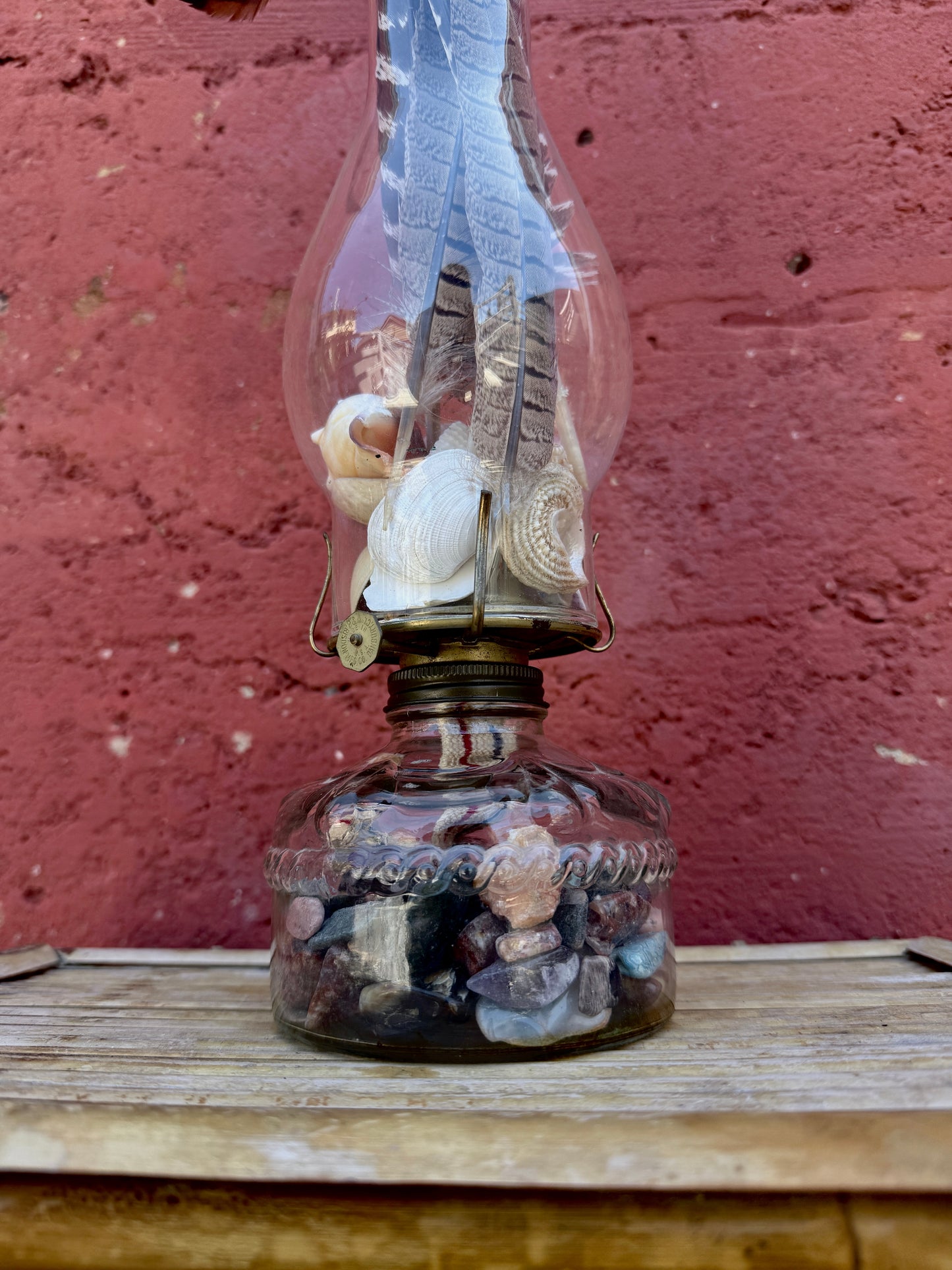 Vintage Glass Oil Lamp – Natural Feather and Shell Curio Display