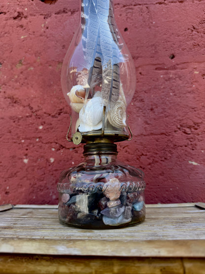 Vintage Glass Oil Lamp – Natural Feather and Shell Curio Display