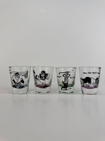 Vintage Barware - Kitschy Sports Humor - 1950s Shot Glass Set of 4