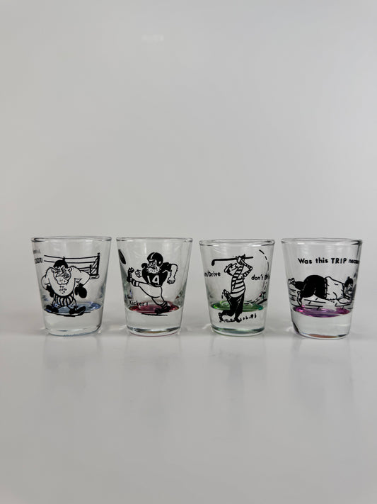 Vintage Barware - Kitschy Sports Humor - 1950s Shot Glass Set of 4